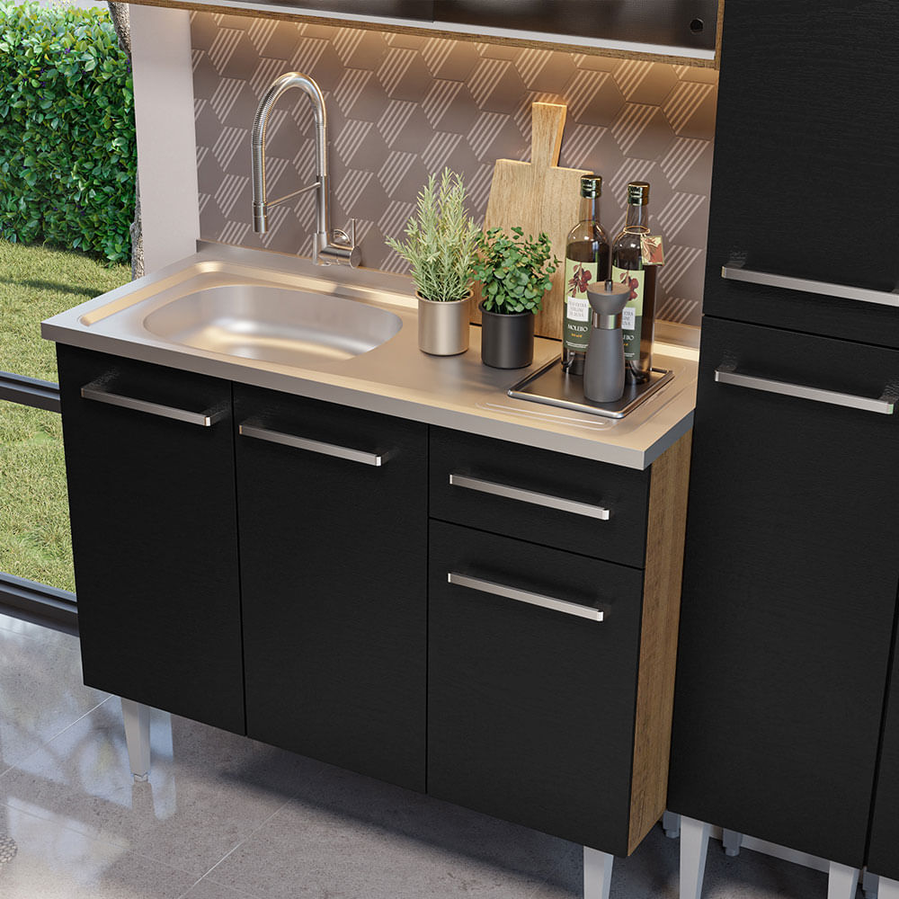 Armário de Cozinha Compacta 169cm com Pia Rustic/Preto Emilly Madesa 11