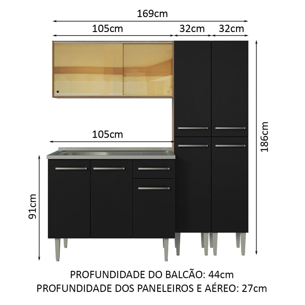 Armário de Cozinha Compacta 169cm com Pia Rustic/Preto Emilly Madesa 12