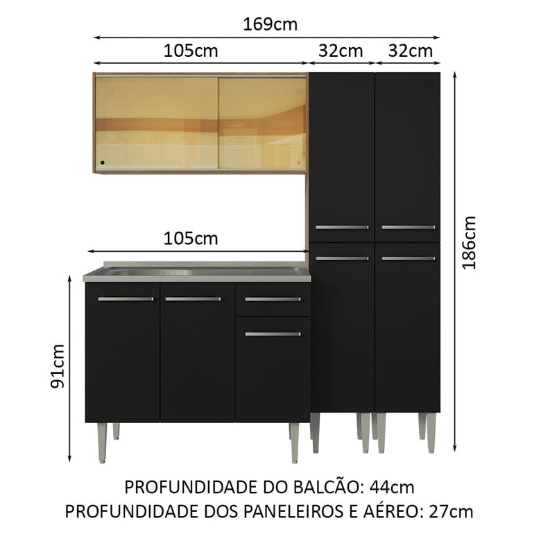 Armário de Cozinha Compacta 169cm com Pia Rustic/Preto Emilly Madesa 12