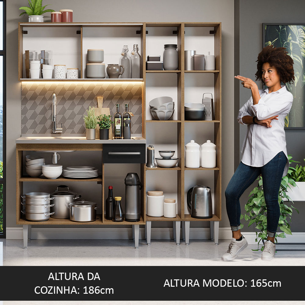 Armário de Cozinha Compacta 169cm com Pia Rustic/Preto Emilly Madesa 12