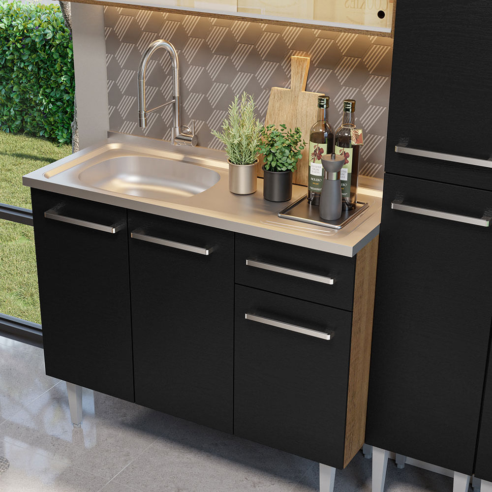Armário de Cozinha Compacta 169cm com Pia Rustic/Preto Emilly Madesa 12