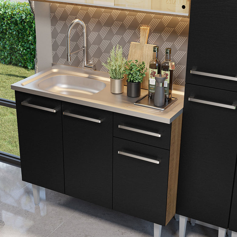 Armário de Cozinha Compacta 169cm com Pia Rustic/Preto Emilly Madesa 12