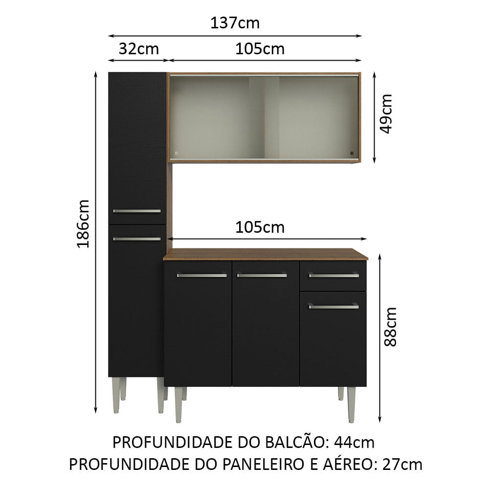 Armário de Cozinha Compacta 137cm Rustic/Preto Emilly Madesa 05