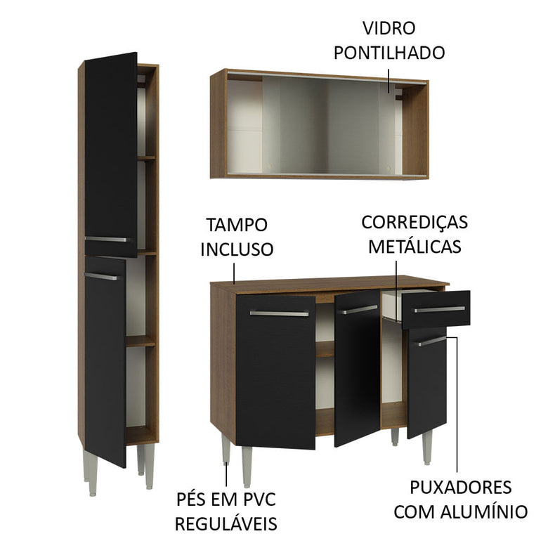 Armário de Cozinha Compacta 137cm Rustic/Preto Emilly Madesa 05