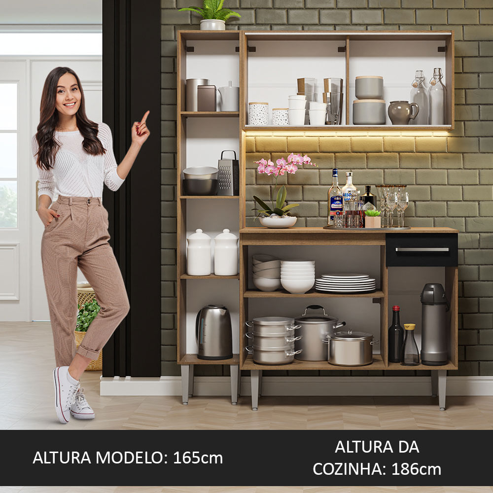 Armário de Cozinha Compacta 137cm Rustic/Preto Emilly Madesa 05