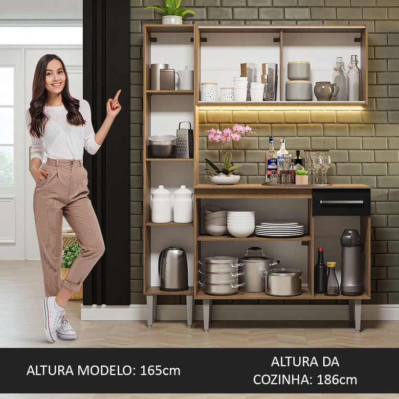 Armário de Cozinha Compacta 137cm Rustic/Preto Emilly Madesa 05