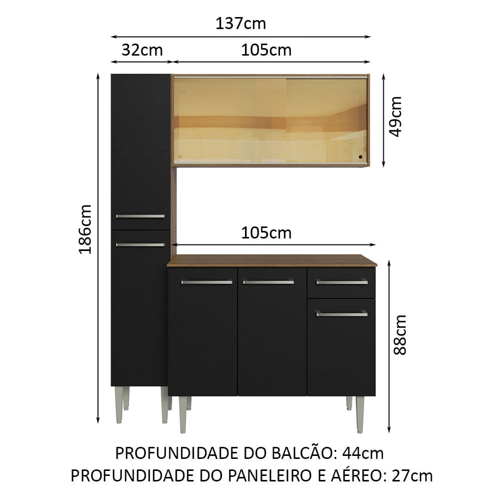 Armário de Cozinha Compacta 137cm Rustic/Preto Emilly Madesa 06