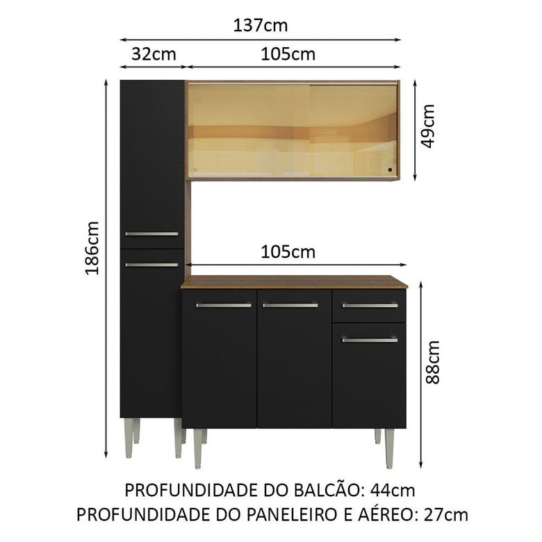 Armário de Cozinha Compacta 137cm Rustic/Preto Emilly Madesa 06