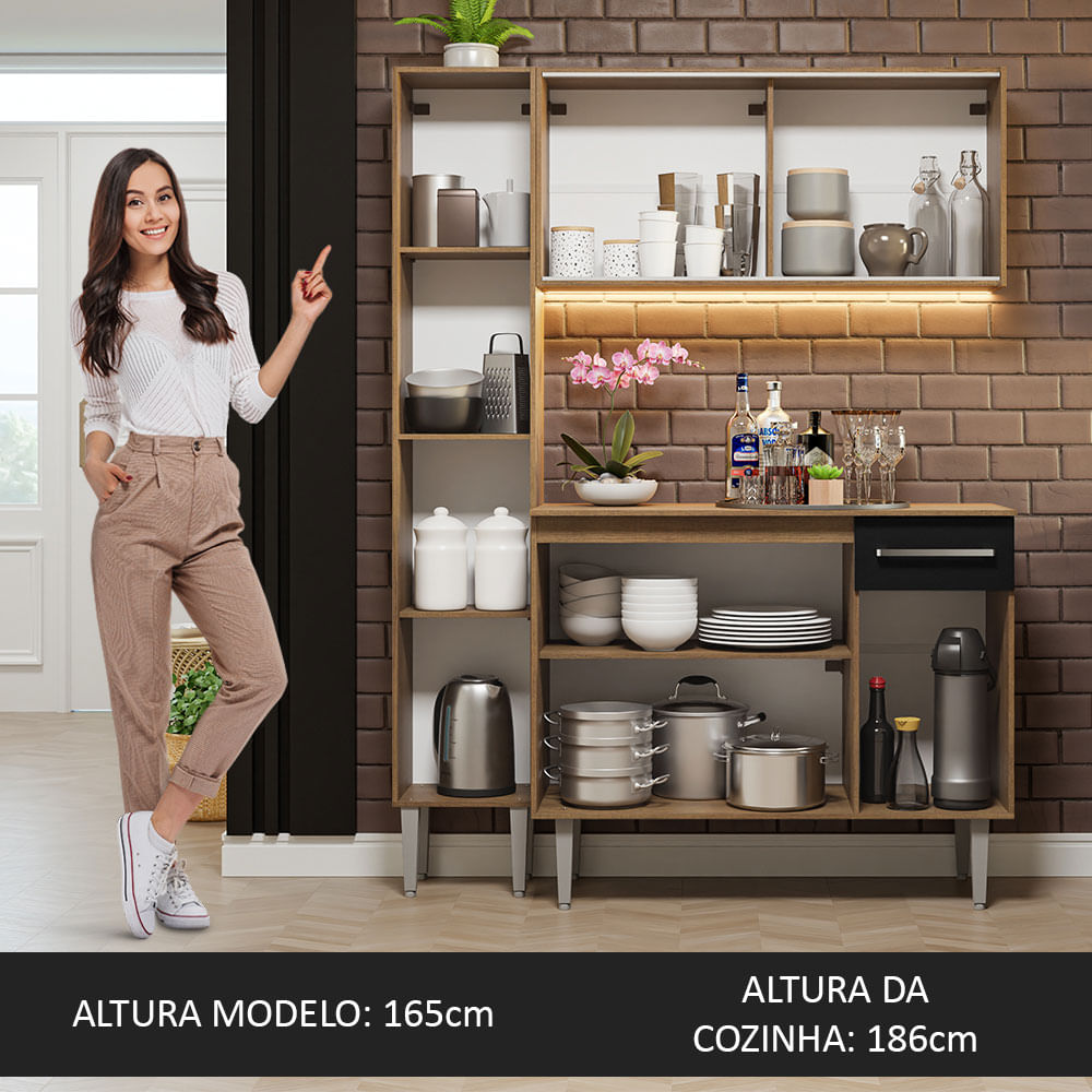 Armário de Cozinha Compacta 137cm Rustic/Preto Emilly Madesa 06