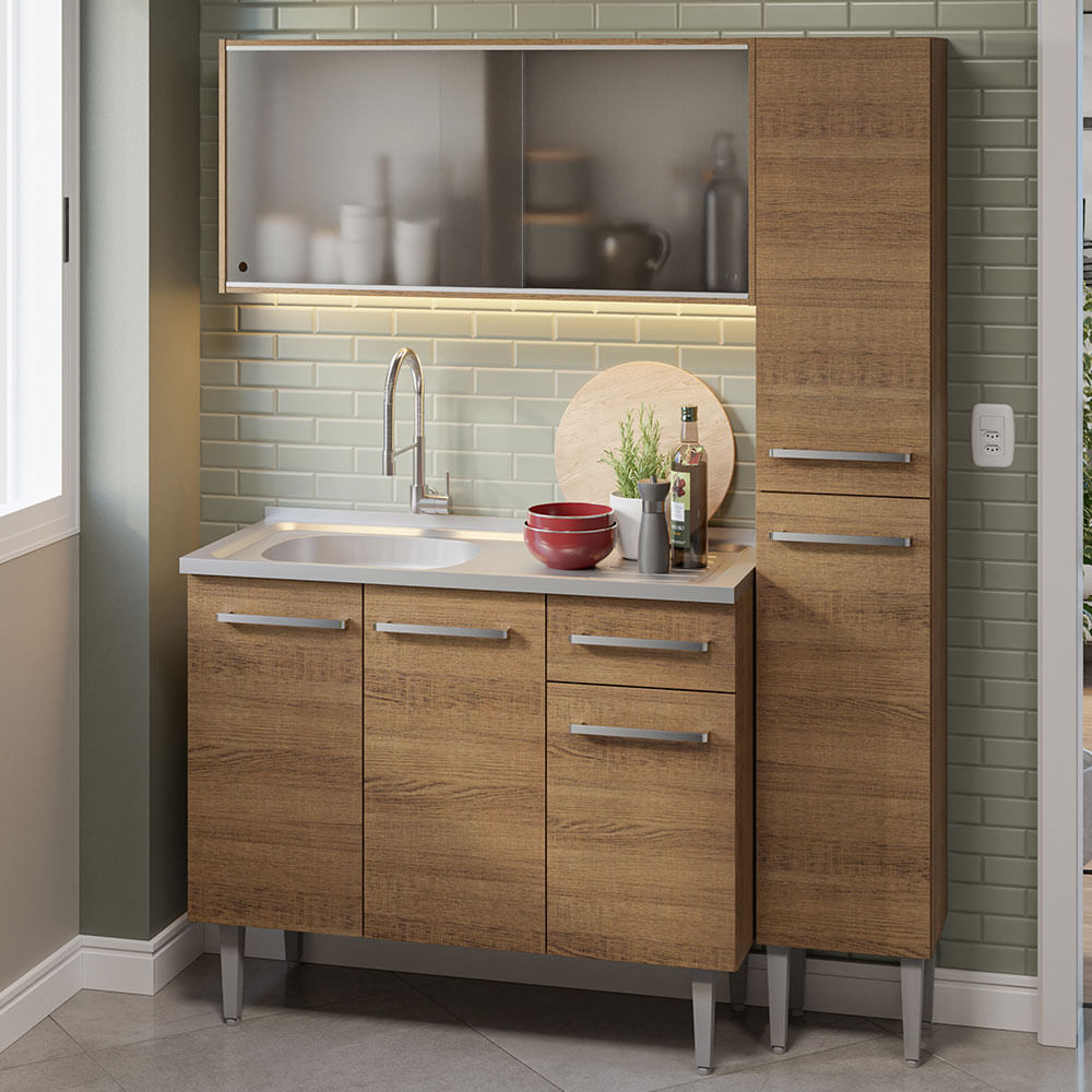 Armário de Cozinha Compacta 137cm com Pia Rustic Emilly Madesa 07 - Rustic