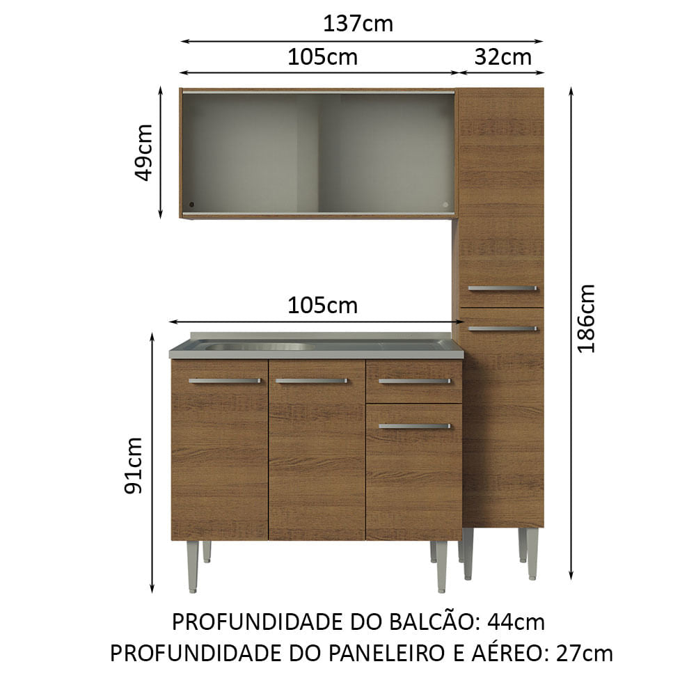 Armário de Cozinha Compacta 137cm com Pia Rustic Emilly Madesa 07