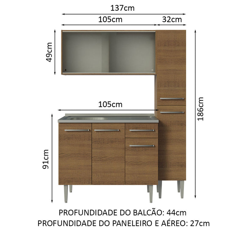 Armário de Cozinha Compacta 137cm com Pia Rustic Emilly Madesa 07