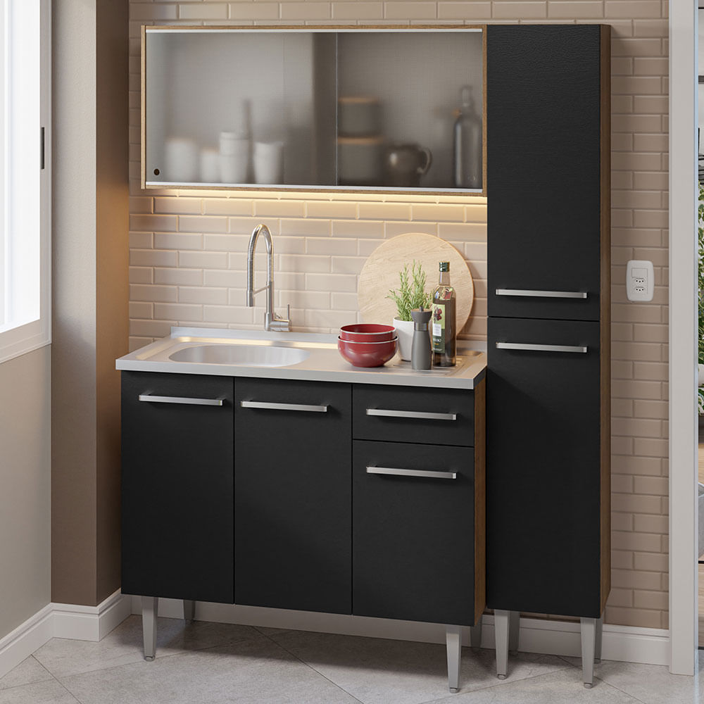 Armário de Cozinha Compacta 137cm com Pia Rustic/Preto Emilly Madesa 07 - Rustic/Preto