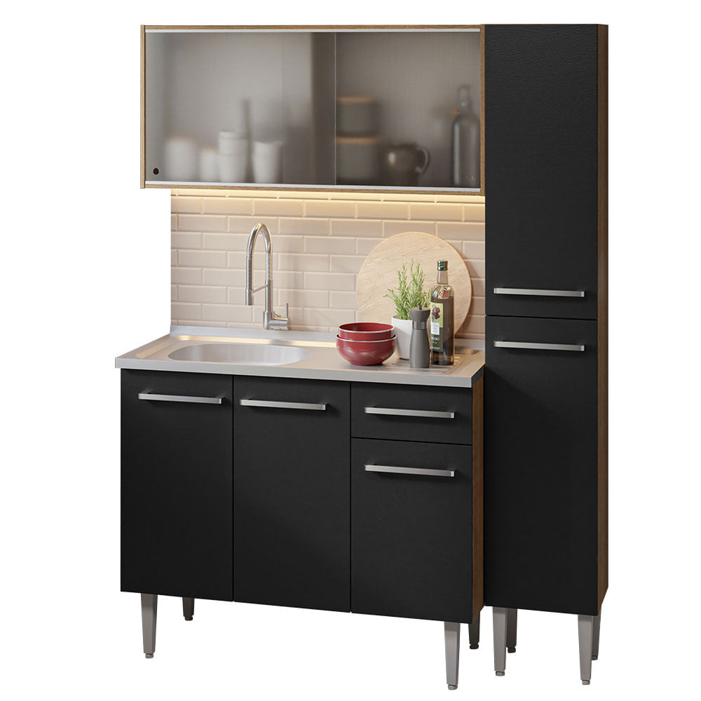 Armário de Cozinha Compacta 137cm com Pia Rustic/Preto Emilly Madesa 07 - Rustic/Preto