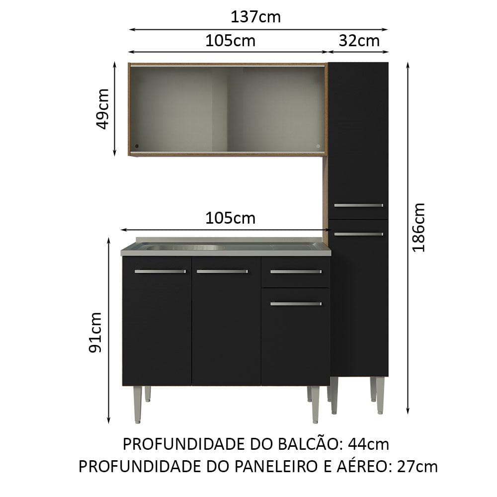 Armário de Cozinha Compacta 137cm com Pia Rustic/Preto Emilly Madesa 07