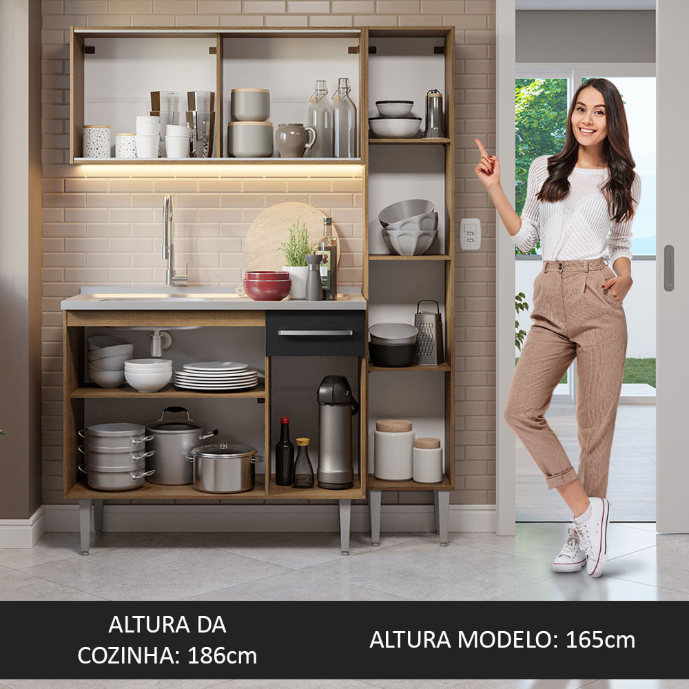 Armário de Cozinha Compacta 137cm com Pia Rustic/Preto Emilly Madesa 07