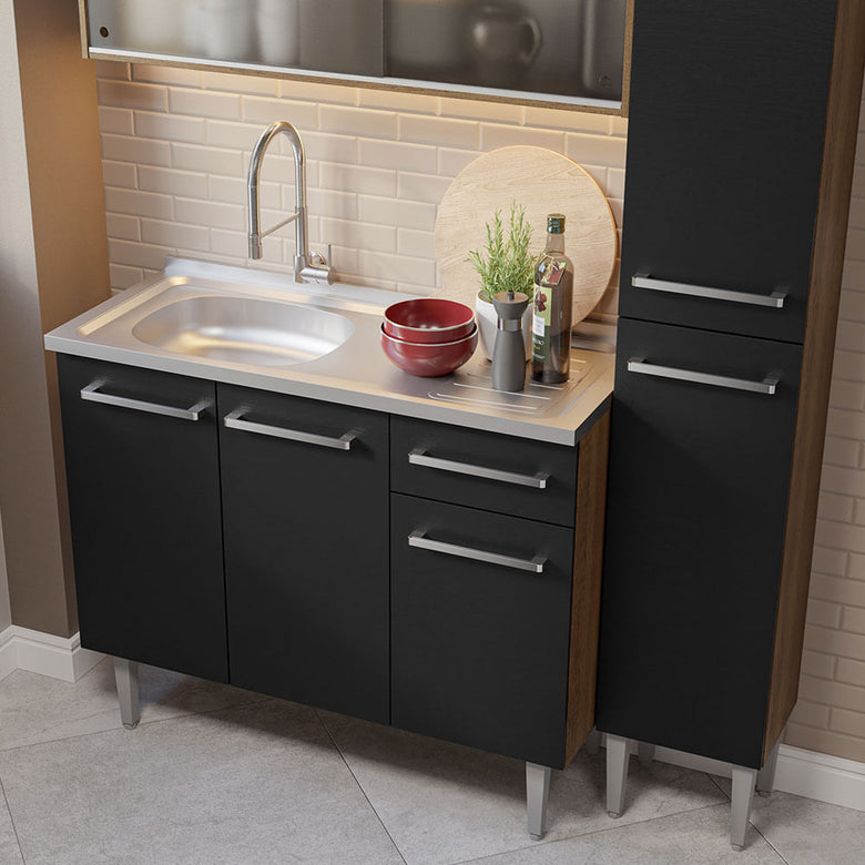 Armário de Cozinha Compacta 137cm com Pia Rustic/Preto Emilly Madesa 07