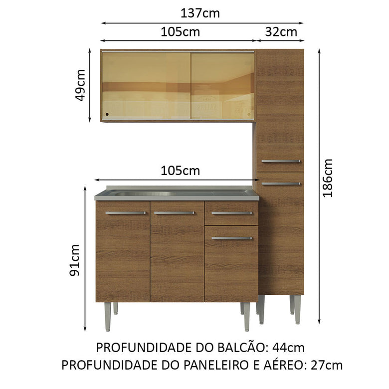 Armário de Cozinha Compacta 137cm com Pia Rustic Emilly Madesa 08