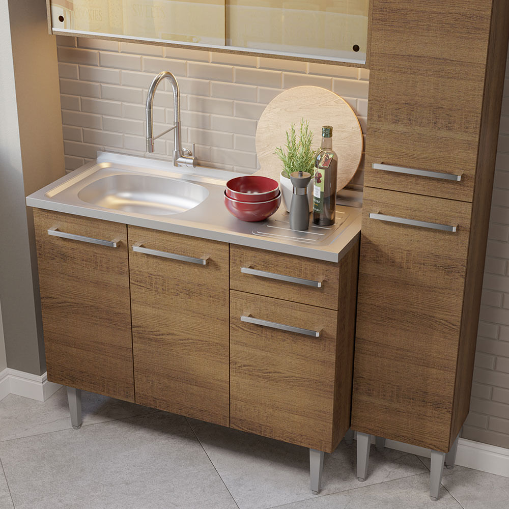 Armário de Cozinha Compacta 137cm com Pia Rustic Emilly Madesa 08