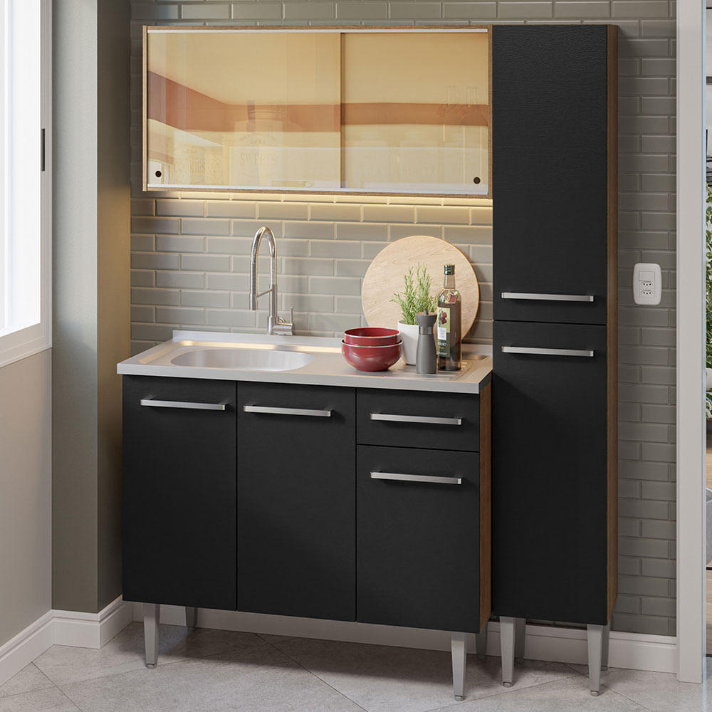 Armário de Cozinha Compacta 137cm com Pia Rustic/Preto Emilly Madesa 08 - Rustic/Preto
