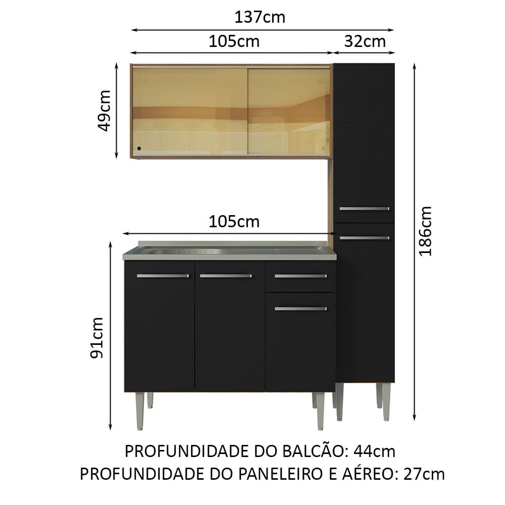Armário de Cozinha Compacta 137cm com Pia Rustic/Preto Emilly Madesa 08