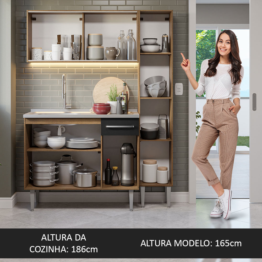 Armário de Cozinha Compacta 137cm com Pia Rustic/Preto Emilly Madesa 08