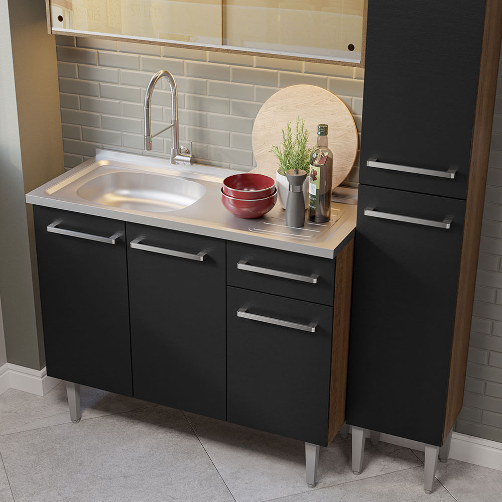 Armário de Cozinha Compacta 137cm com Pia Rustic/Preto Emilly Madesa 08