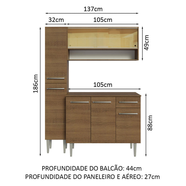 Armário de Cozinha Compacta 137cm Rustic Emilly Madesa 09