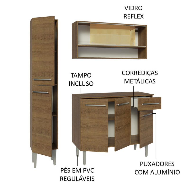 Armário de Cozinha Compacta 137cm Rustic Emilly Madesa 09