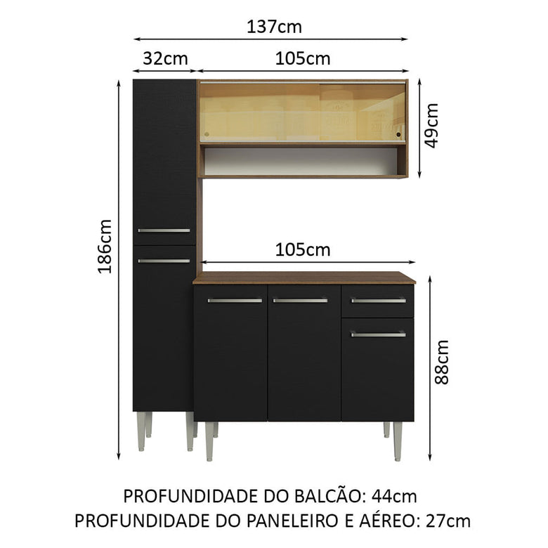 Armário de Cozinha Compacta 137cm Rustic/Preto Emilly Madesa 09