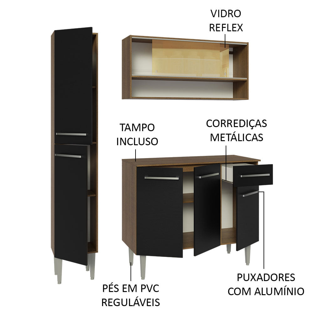 Armário de Cozinha Compacta 137cm Rustic/Preto Emilly Madesa 09