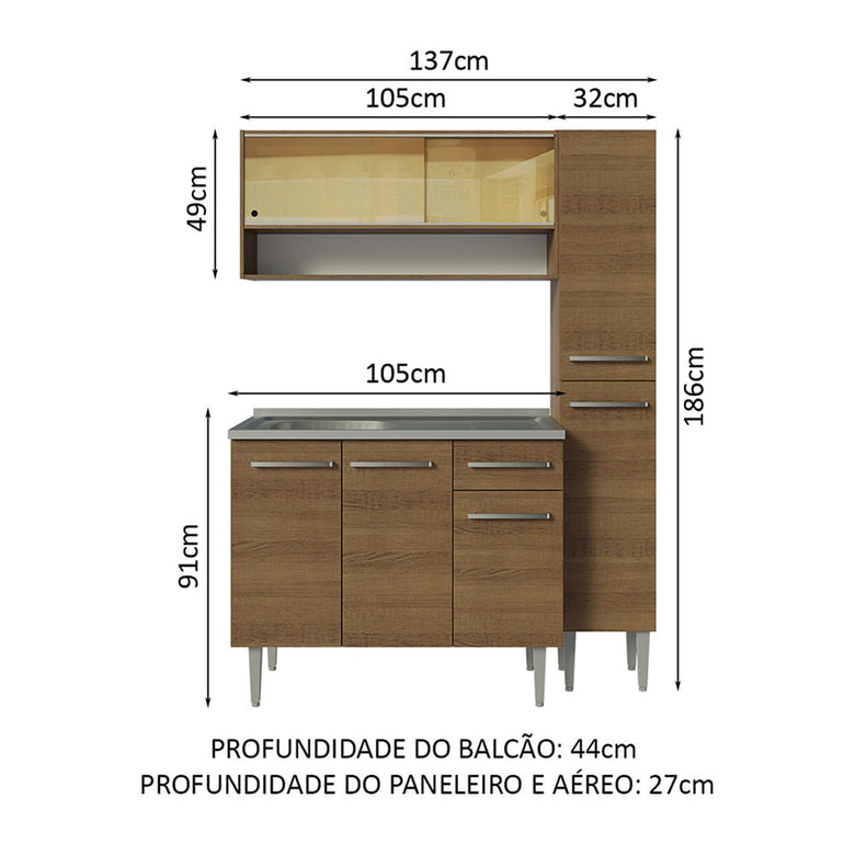 Armário de Cozinha Compacta 137cm com Pia Rustic Emilly Madesa 10