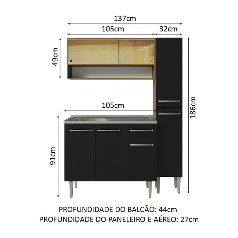 Armário de Cozinha Compacta 137cm com Pia Rustic/Preto Emilly Madesa 10
