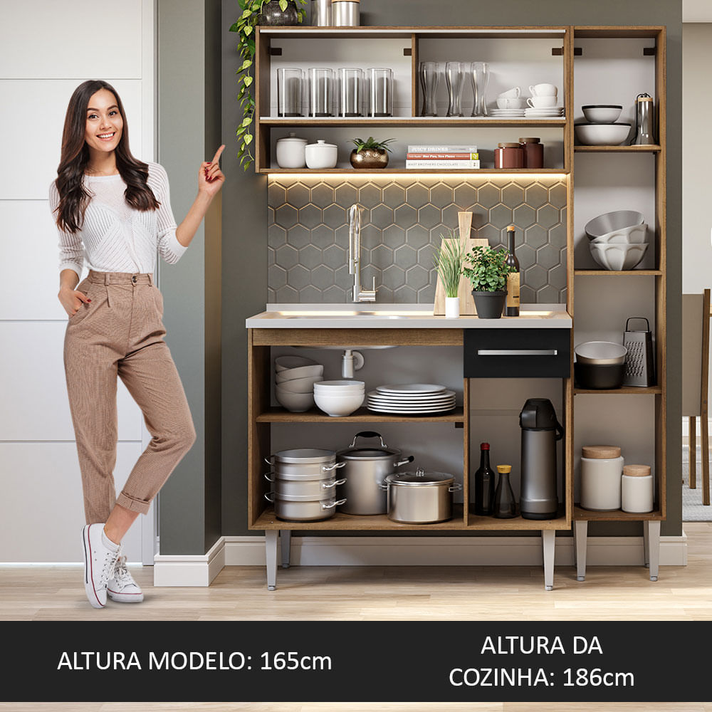 Armário de Cozinha Compacta 137cm com Pia Rustic/Preto Emilly Madesa 10