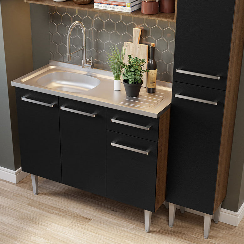 Armário de Cozinha Compacta 137cm com Pia Rustic/Preto Emilly Madesa 10