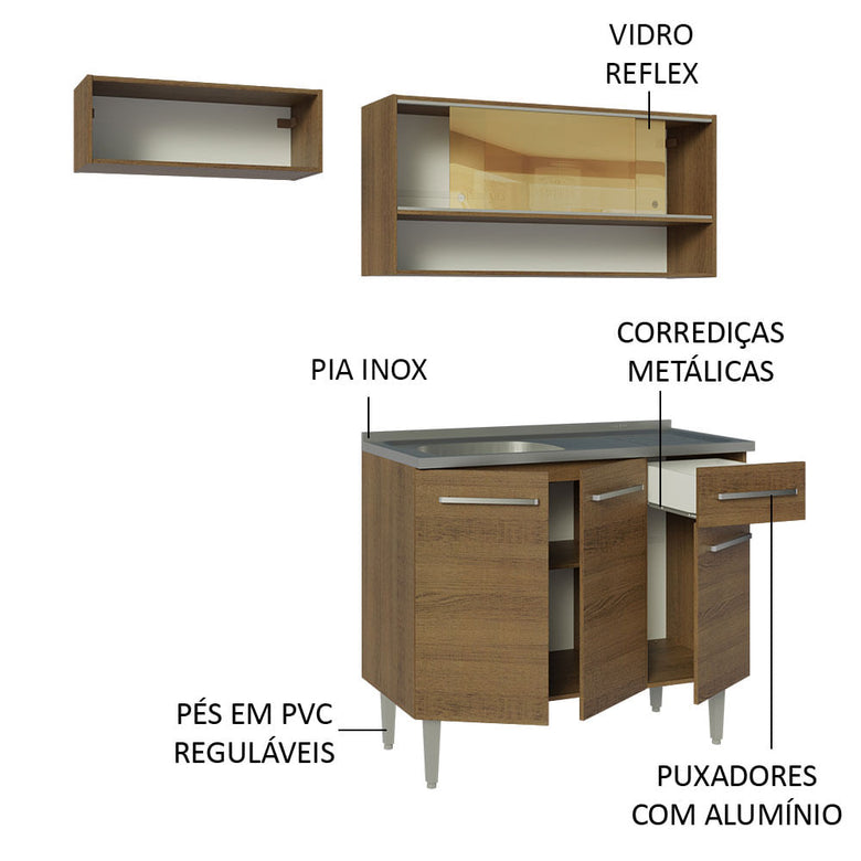 Armário de Cozinha Compacta 165cm com Pia Rustic Emilly Madesa 01