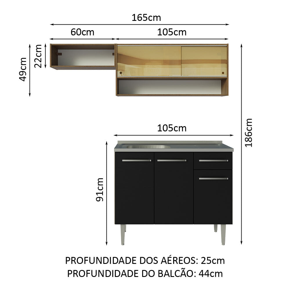 Armário de Cozinha Compacta 165cm com Pia Rustic/Preto Emilly Madesa 01