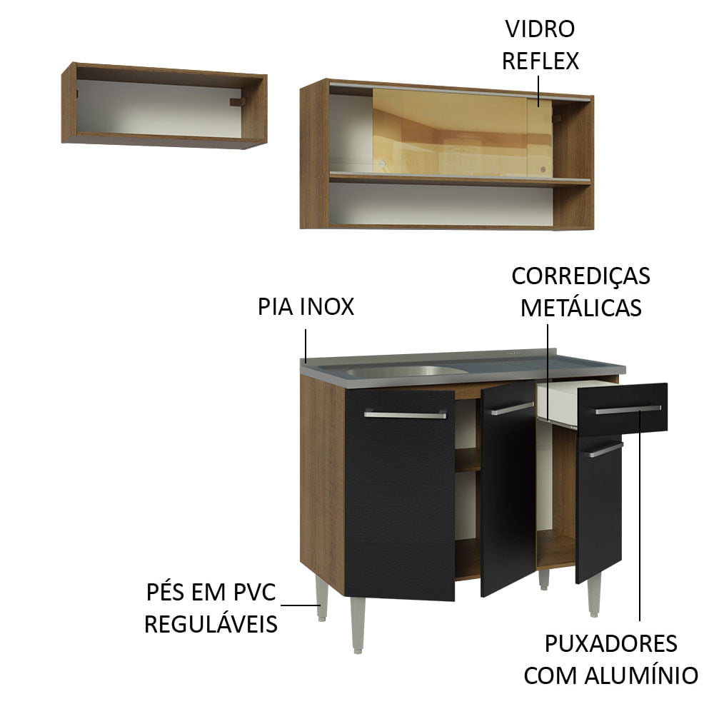 Armário de Cozinha Compacta 165cm com Pia Rustic/Preto Emilly Madesa 01