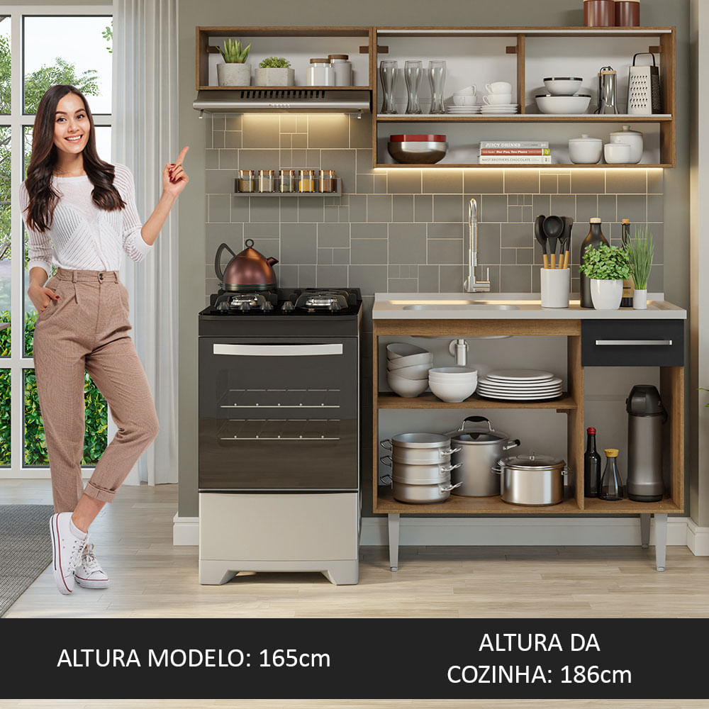 Armário de Cozinha Compacta 165cm com Pia Rustic/Preto Emilly Madesa 01