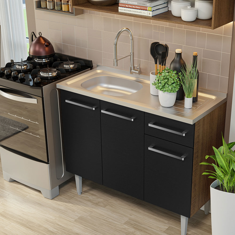 Armário de Cozinha Compacta 165cm com Pia Rustic/Preto Emilly Madesa 01