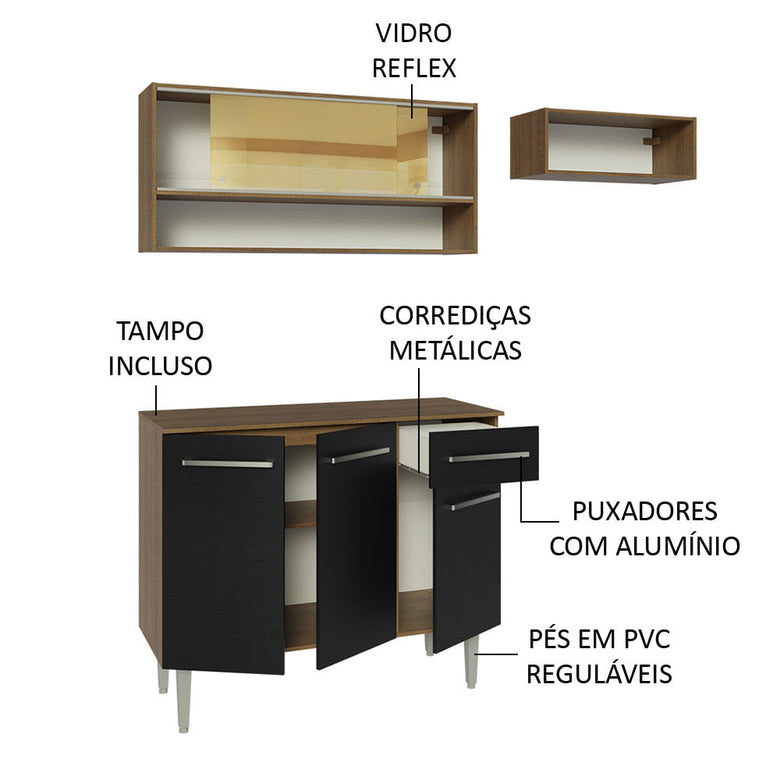 Armário de Cozinha Compacta 165cm Rustic/Preto Emilly Madesa 02