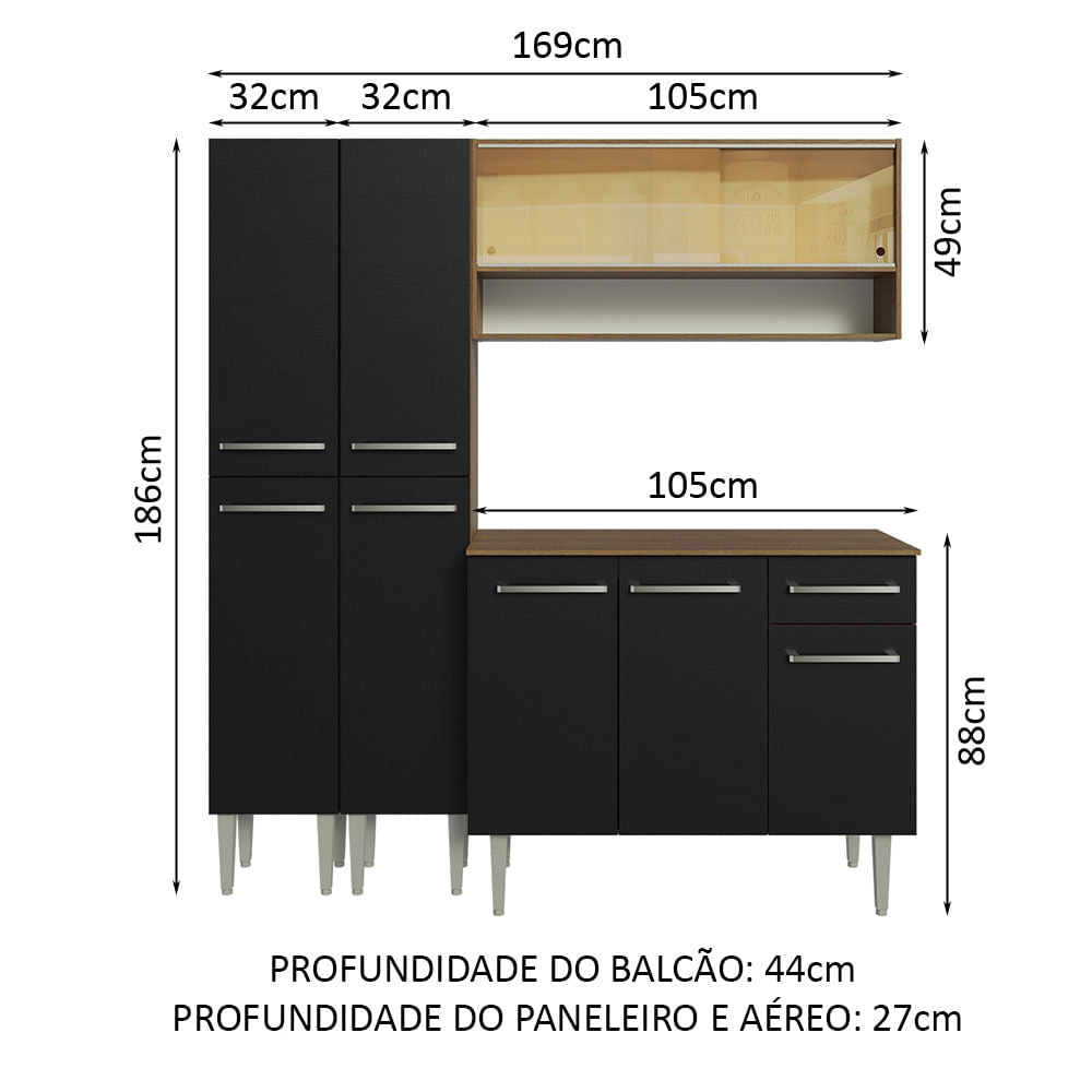 Armário de Cozinha Compacta 169cm Rustic/Preto Emilly Madesa 13