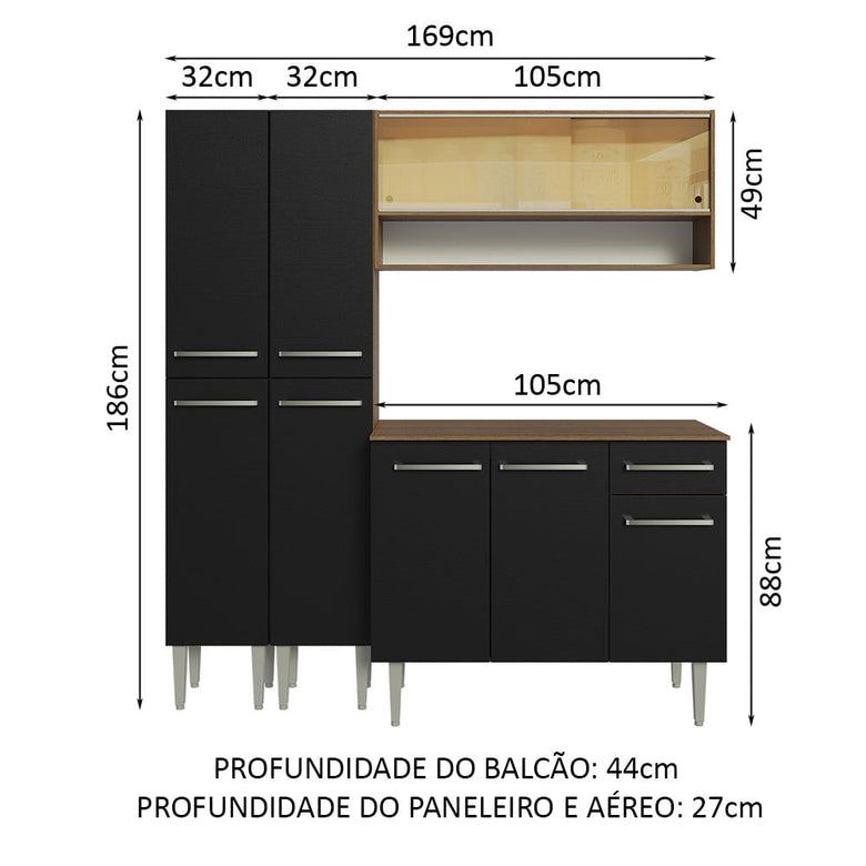 Armário de Cozinha Compacta 169cm Rustic/Preto Emilly Madesa 13