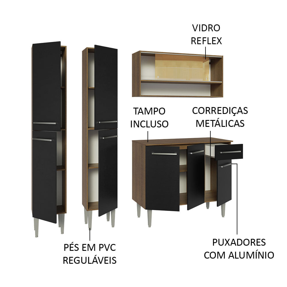 Armário de Cozinha Compacta 169cm Rustic/Preto Emilly Madesa 13