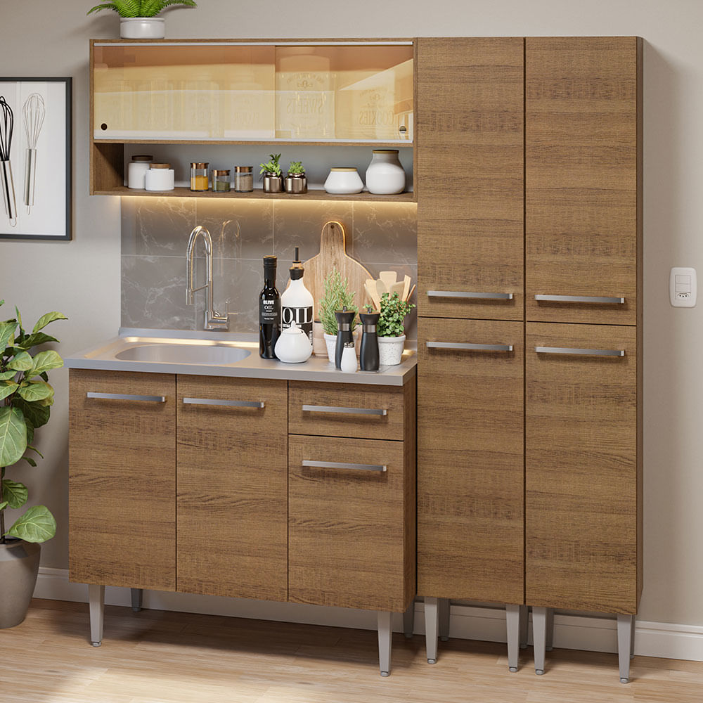 Armário de Cozinha Compacta 169cm com Pia Rustic Emilly Madesa 14 - Rustic