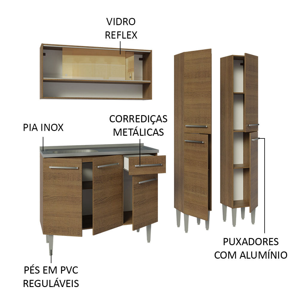 Armário de Cozinha Compacta 169cm com Pia Rustic Emilly Madesa 14