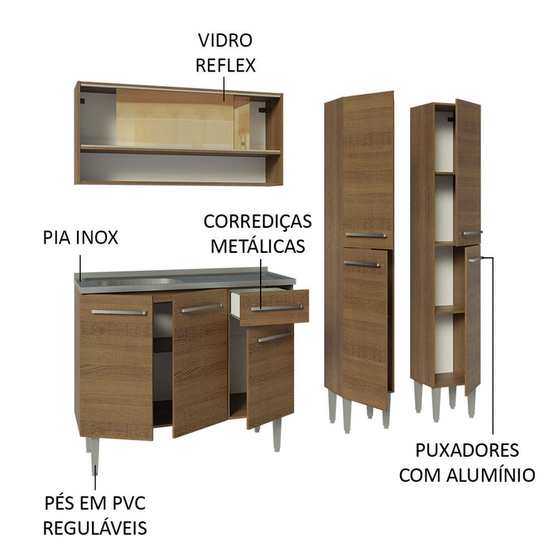 Armário de Cozinha Compacta 169cm com Pia Rustic Emilly Madesa 14