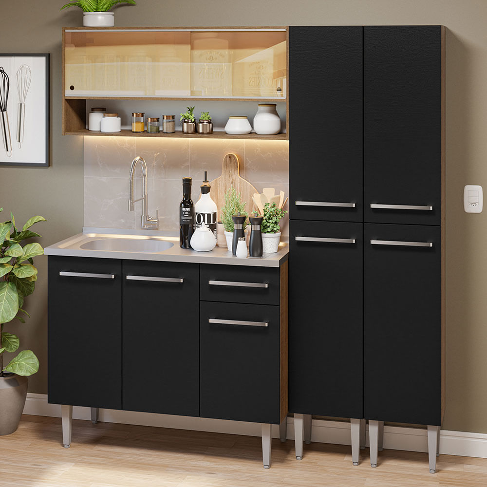 Armário de Cozinha Compacta 169cm com Pia Rustic/Preto Emilly Madesa 14 - Rustic/Preto