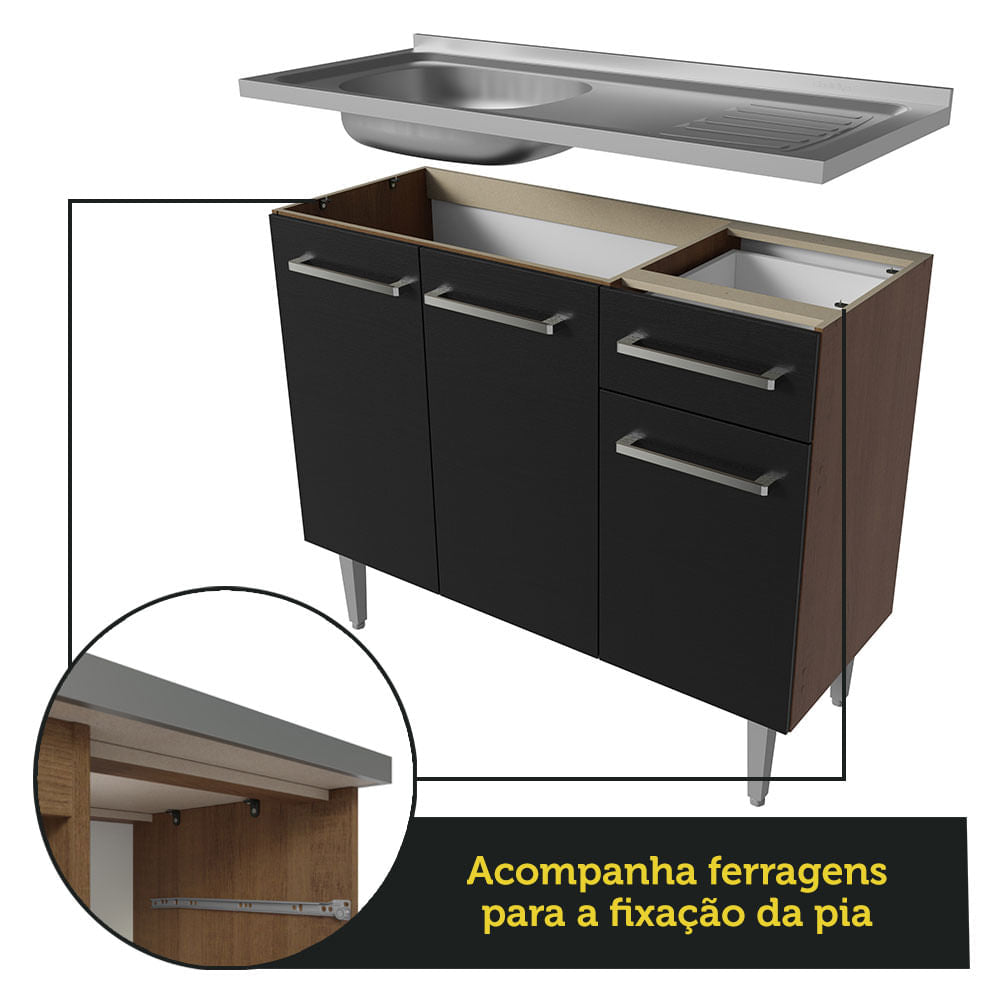 Armário de Cozinha Compacta 169cm com Pia Rustic/Preto Emilly Madesa 14