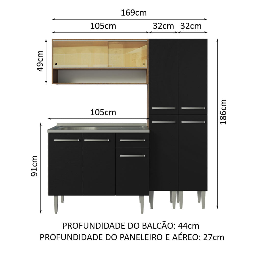 Armário de Cozinha Compacta 169cm com Pia Rustic/Preto Emilly Madesa 14